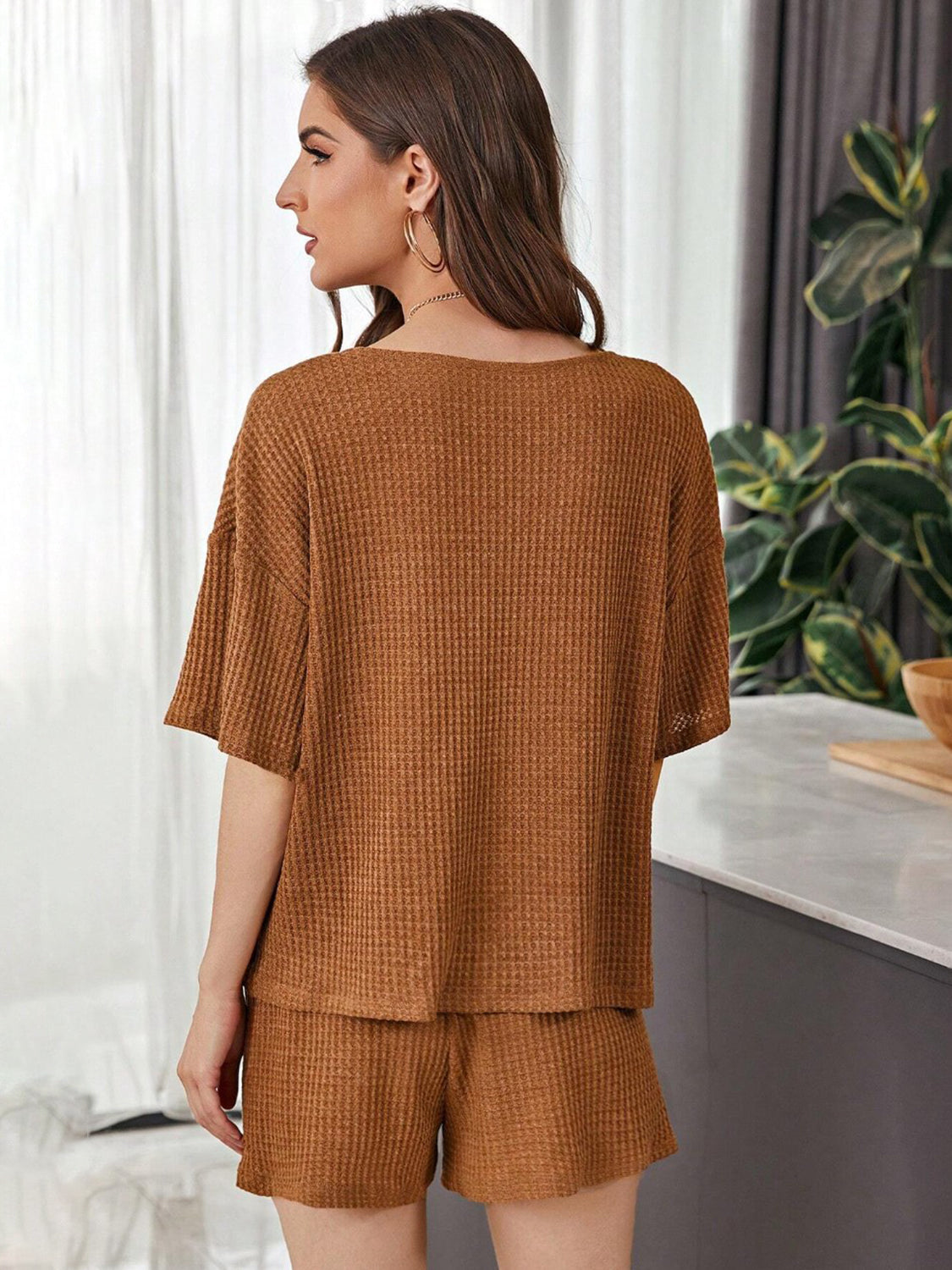 Full Size Waffle-Knit Dropped Shoulder Top