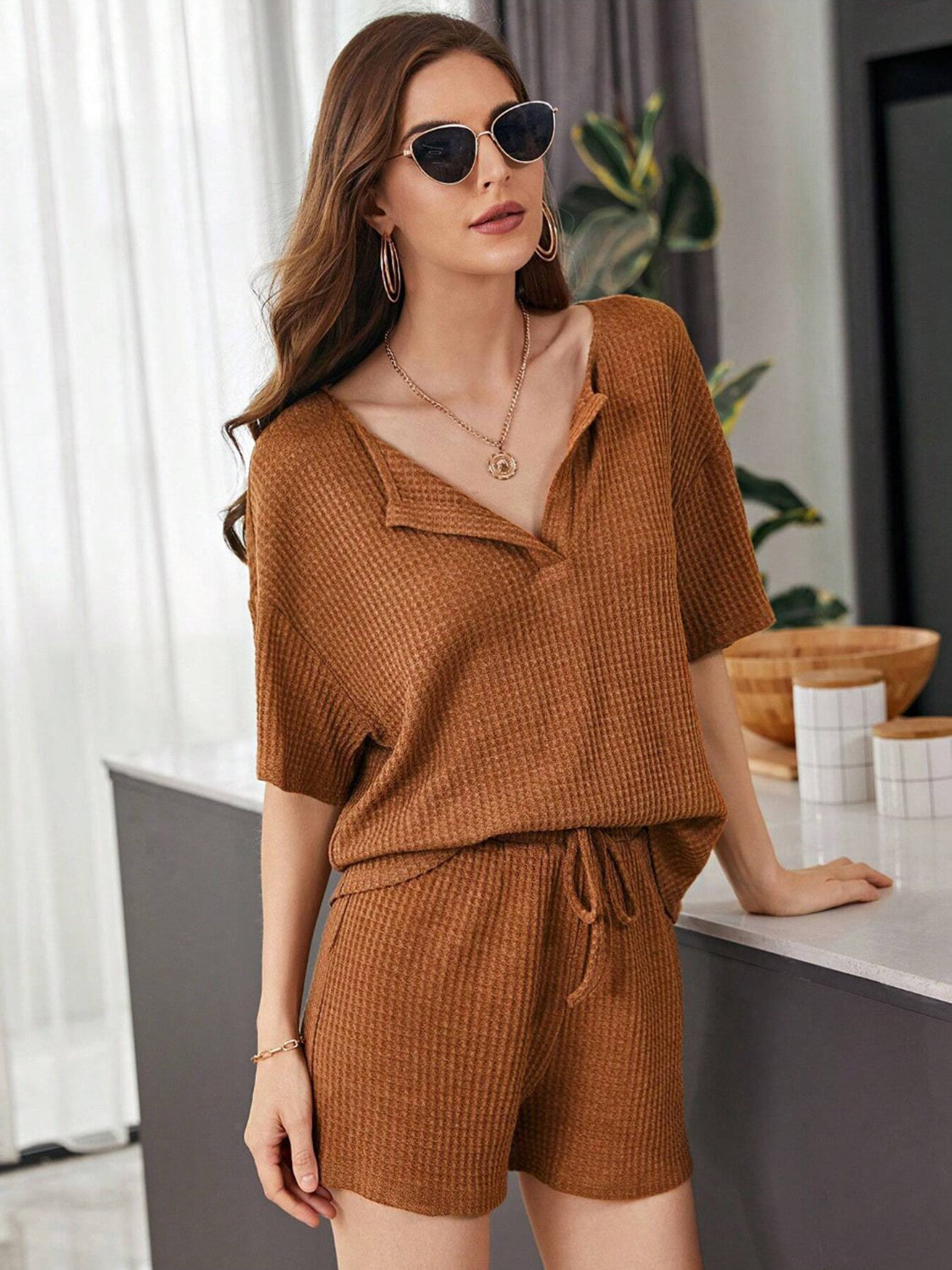 Full Size Waffle-Knit Dropped Shoulder Top